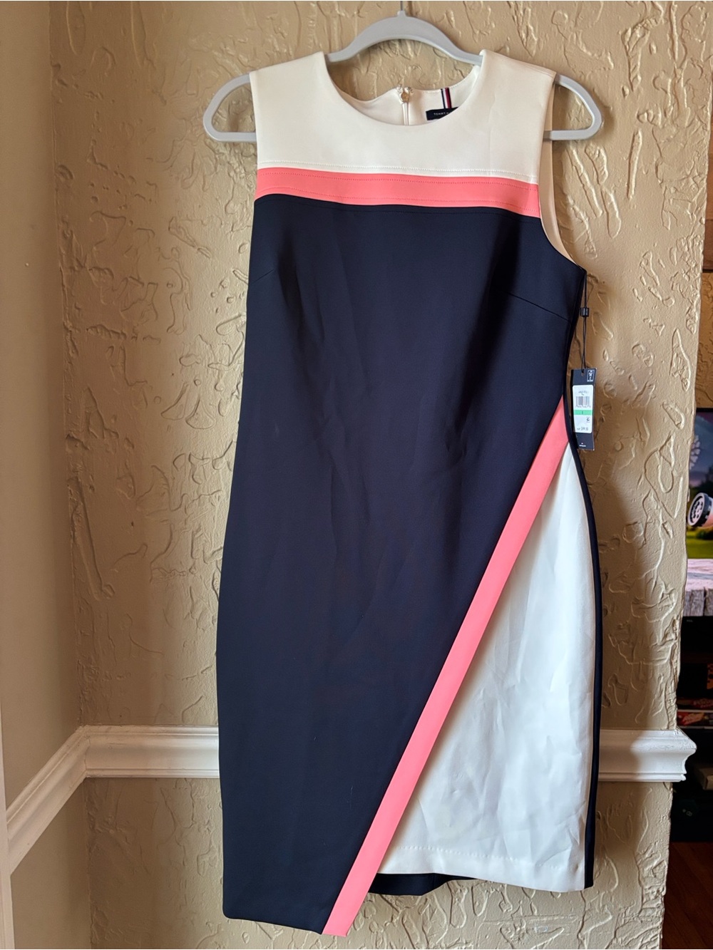 Tommy Hilfiger Navy, White and Coral Asymmetrical Sheath Dress